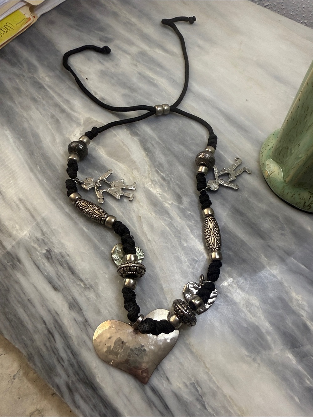Black Cord Necklace with Hammered Sterling Silver Heart Pendant- Jeep Collin’s